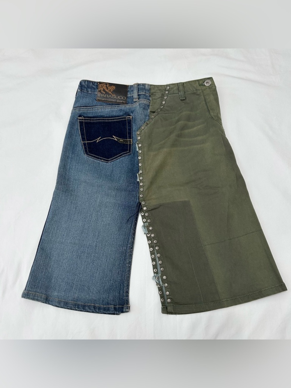 Vintage Late 90s Y2K Parasuco Patchwork Midi Skirt Denim Army Green Size 2 Rare - Picture 4 of 11